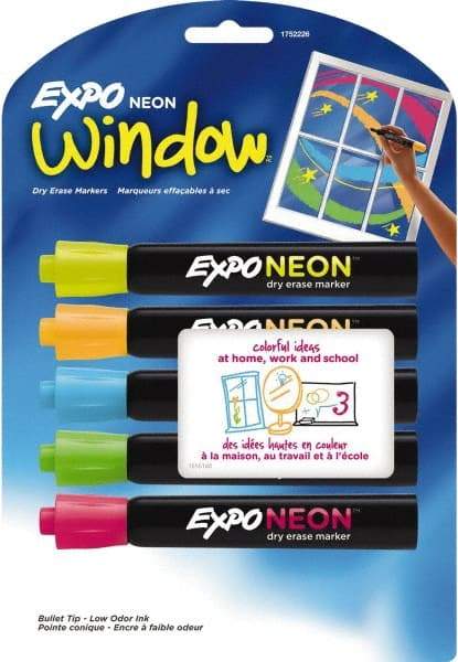 Expo - Blue, Green, Orange, Pink & Yellow Bullet Tip Neon 5 Pack Dry Erase Markers - For Use with Dry Erase Marker Boards - Eagle Tool & Supply
