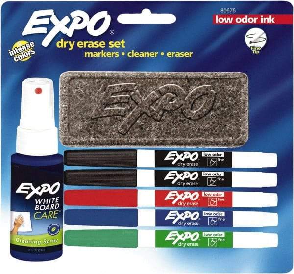 Expo - Red, Blue, Green & 2 Black Low Odor Fine Tip 5 Pack Dry Erase Markers - Includes 3 oz Cleaning Fluid & Eraser, For Use with Dry Erase Marker Boards - Eagle Tool & Supply