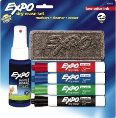 Expo - Red, Blue, Green & Black Low Odor 4 Pack Chisel Tip Dry Erase Markers - Includes Eraser & 3 oz Cleaning Fluid, For Use with Dry Erase Marker Boards - Eagle Tool & Supply