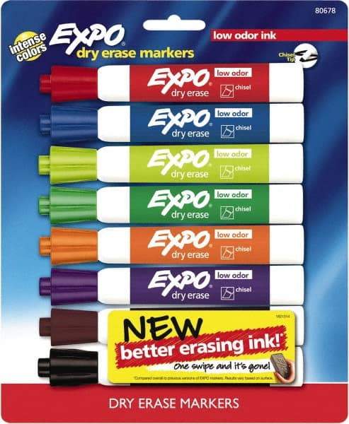 Expo - Black, Blue, Brown, Green, Orange, Pink, Purple & Red Low Odor Chisel Tip 8 Pack Dry Erase Markers - For Use with Dry Erase Marker Boards - Eagle Tool & Supply