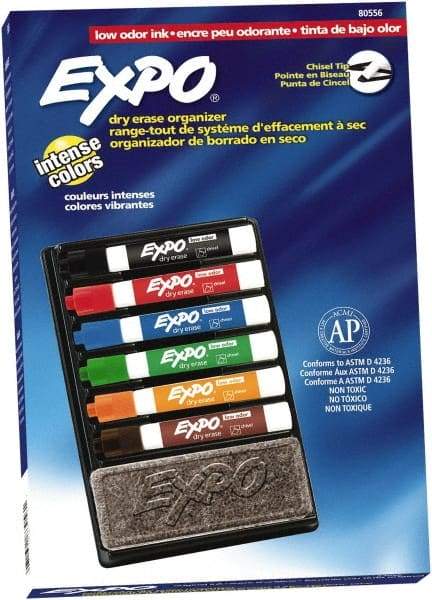 Expo - Black, Blue, Brown, Green, Orange, & Red Low Odor Chisel Tip Markers 6 Pack Dry Erase Markers - Includes Eraser & Organizer, For Use with Dry Erase Marker Boards - Eagle Tool & Supply
