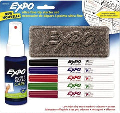 Expo - Black, Blue, Red, Green & Plum Low Odor Ultra Fine Tip 4 Pack Dry Erase Markers - Includes 2 oz Cleaning Fluid & Eraser, For Use with Dry Erase Marker Boards - Eagle Tool & Supply