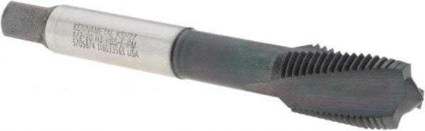 Kennametal - 1/2-20 UNF 3 Flute 3B Plug Spiral Flute Tap - Vanadium High Speed Steel, AlCrTiN Finish, 3-3/8" OAL, Left Hand Flute, Right Hand Thread, H3, Series T690 - Eagle Tool & Supply