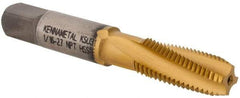Kennametal - 1/16-27 NPT, 15° Helix, 4 Flutes, 2-1/2 - 3-1/2 Chamfer, TiN Finish, High Speed Steel, Spiral Flute Pipe Tap - Right Hand Flute, 0.69" Thread Length, 0.3120" Projection, Series T854 - Eagle Tool & Supply