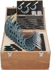 Mitutoyo - 0 to 12" Range, 23 Piece Mechanical Outside Micrometer Set - 0.0001" Graduation, 0.00010, 0.00015, 0.00020, 0.00025" Accuracy, Ratchet-Friction Thimble, Carbide Face - Eagle Tool & Supply