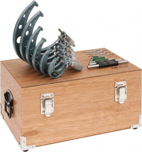 Mitutoyo - 0 to 6 " Range, 11 Piece Mechanical Outside Micrometer Set - 0.0001" Graduation, 0.00010, 0.00015" Accuracy, Ratchet-Friction Thimble, Carbide Face - Eagle Tool & Supply