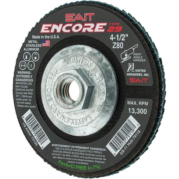 Sait - 80 Grit, 4-1/2" Disc Diam, 5/8-11 Center Hole, Type 29 Zirconia Alumina Flap Disc - 13,300 Max RPM, Fiberglass Backing, Arbor Attaching System, Coated - Eagle Tool & Supply