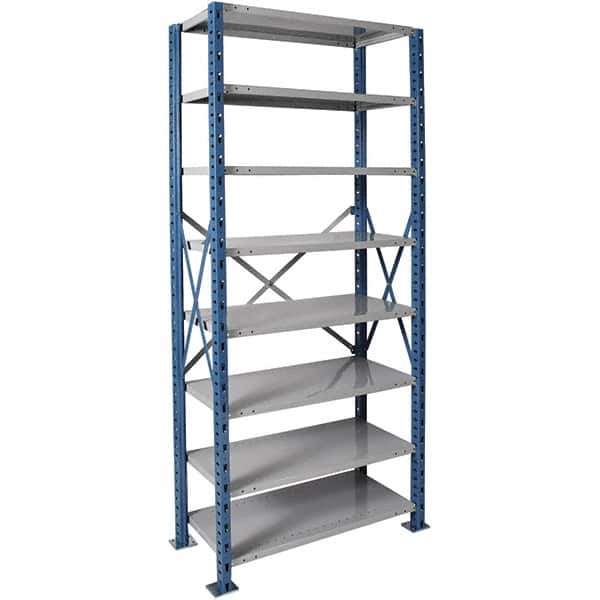 Hallowell - 8 Shelf Starter Heavy-Duty Open Steel Shelving - 800 Lb Capacity, 36" Wide x 123" High x 18" Deep, Blue/Platinum - Eagle Tool & Supply