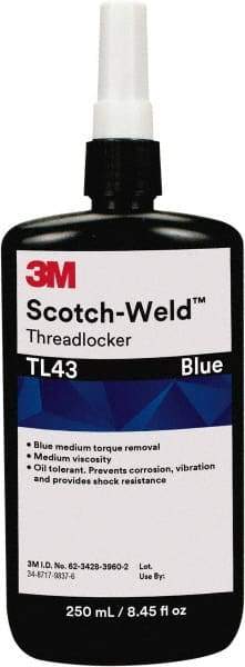 3M - 250 mL, Blue, Medium Strength Liquid Threadlocker - 24 hr Full Cure Time - Eagle Tool & Supply