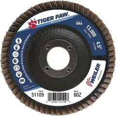 Weiler - 60 Grit, 4-1/2" Disc Diam, 7/8" Center Hole, Type 27 Zirconia Alumina Flap Disc - 13,000 Max RPM, Phenolic Backing, Arbor Attaching System, Coated - Eagle Tool & Supply