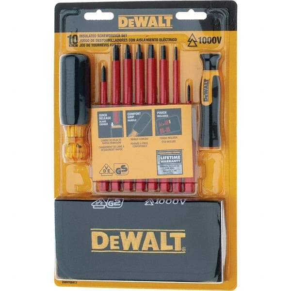 DeWALT - 10 Piece Slotted & Phillips Screwdriver Set - Vinyl Grip Handle, Blade Sizes: Width 3/16, 1/4 & 1/8, Bit Sizes: Philips #0 to #2, Tip Thickness: 1/8, 3/16 & 1/4, Comes in Tool Roll - Eagle Tool & Supply