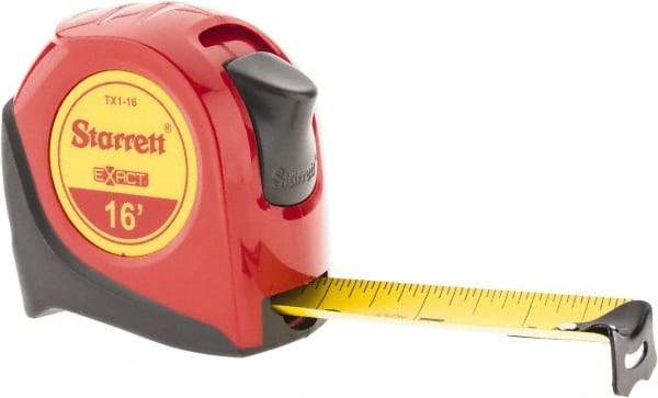 Starrett - 16' x 1" Yellow Blade Tape Measure - 1/16" Graduation, S1 Graduation Style, Red Case - Eagle Tool & Supply