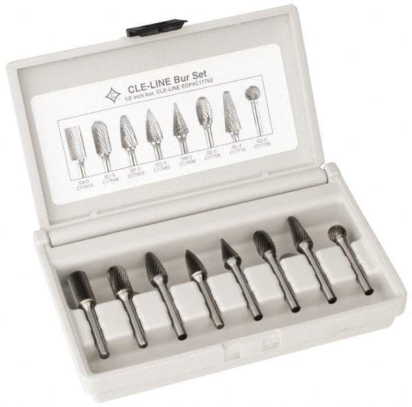 Cle-Line - 8 Piece, 1/4" Shank Burr Set - Solid Carbide, Multiple Head Shapes - Eagle Tool & Supply