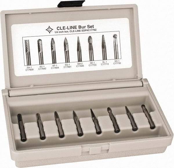 Cle-Line - 8 Piece, 1/4" Shank Burr Set - Solid Carbide, Multiple Head Shapes - Eagle Tool & Supply