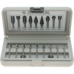 Cle-Line - 9 Piece, 1/8" Shank Burr Set - Solid Carbide, Multiple Head Shapes - Eagle Tool & Supply