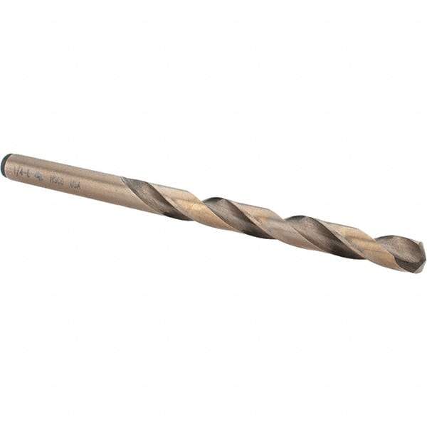 Chicago-Latrobe - Letter E (1/4) 135° Cobalt Jobber Drill - Gold Finish Finish, Right Hand Cut, Spiral Flute, Straight Shank, 101.6mm OAL, Split Point - Eagle Tool & Supply
