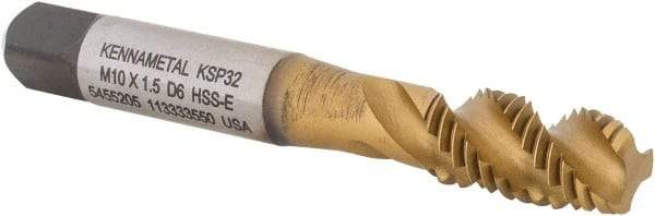 Kennametal - M10x1.50 3 Flute 6H Modified Bottoming Spiral Flute Tap - Vanadium High Speed Steel, TiCN/TiN Finish, 2-15/16" OAL, Right Hand Flute, Right Hand Thread, D6, Series GOtap\xAE - Eagle Tool & Supply