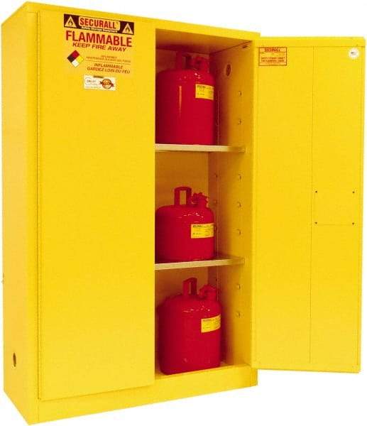 Securall Cabinets - 2 Door, 2 Shelf, Yellow Steel Standard Safety Cabinet for Flammable and Combustible Liquids - 65" High x 43" Wide x 18" Deep, Manual Closing Door, 3 Point Key Lock, 45 Gal Capacity - Eagle Tool & Supply