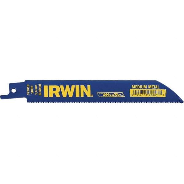 Irwin Blades - 6" Long, Bi-Metal Reciprocating Saw Blade - Straight Profile, 18 TPI, Toothed Edge, Tang Shank - Eagle Tool & Supply