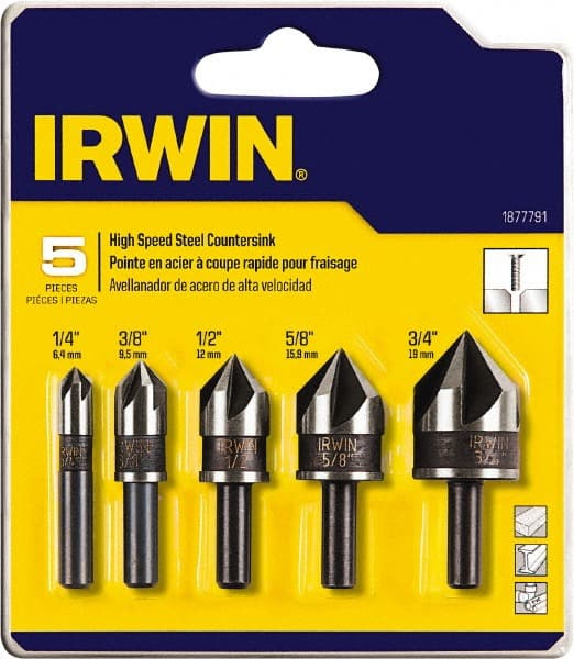 Irwin - 5 Piece, 1/4 to 3/4" Head Diam, 82° Included Angle, Single End Countersink Set - Eagle Tool & Supply
