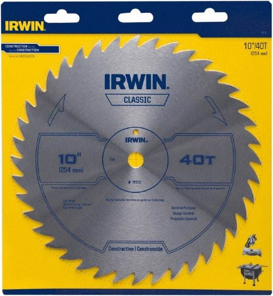 Irwin Blades - 10" Diam, 5/8" Arbor Hole Diam, 40 Tooth Wet & Dry Cut Saw Blade - High Carbon Steel, Smooth Action, Standard Round Arbor - Eagle Tool & Supply