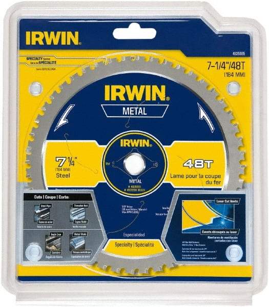 Irwin Blades - 7-1/4" Diam, 5/8" Arbor Hole Diam, 48 Tooth Wet & Dry Cut Saw Blade - Carbide-Tipped, Smooth Action, Standard Round Arbor - Eagle Tool & Supply