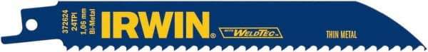 Irwin Blades - 6" Long, Bi-Metal Reciprocating Saw Blade - Straight Profile, 24 TPI, Toothed Edge, Tang Shank - Eagle Tool & Supply