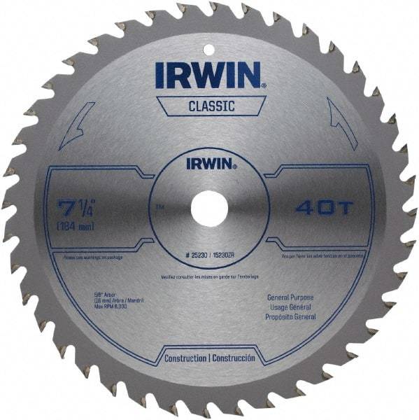 Irwin Blades - 7-1/4" Diam, 5/8" Arbor Hole Diam, 40 Tooth Wet & Dry Cut Saw Blade - Carbide-Tipped, Smooth Action, Diamond Arbor - Eagle Tool & Supply