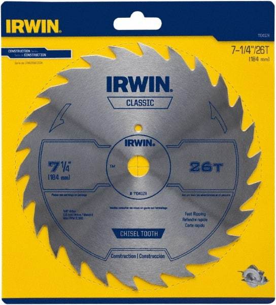 Irwin Blades - 7-1/4" Diam, 5/8" Arbor Hole Diam, 26 Tooth Wet & Dry Cut Saw Blade - High Carbon Steel, Smooth Action, Diamond Arbor - Eagle Tool & Supply