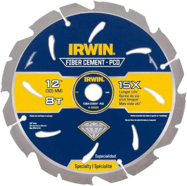 Irwin Blades - 12" Diam, 1" Arbor Hole Diam, 8 Tooth Wet & Dry Cut Saw Blade - Diamond-Tipped, Smooth Action, Standard Round Arbor - Eagle Tool & Supply