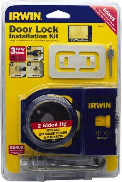 Irwin Blades - 7 Piece, 2-3/8" to 2-3/4" Saw Diam, Door-Lock Installation Hole Saw Kit - Carbon Steel, Includes 2 Hole Saws - Eagle Tool & Supply