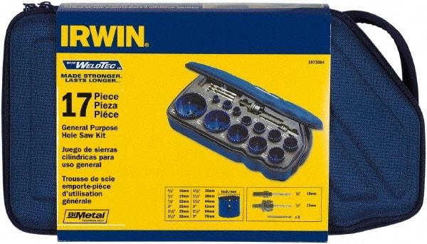 Irwin - 17 Piece, 5/8" to 3" Saw Diam, General Purpose Hole Saw Kit - Bi-Metal, Toothed Edge, Pilot Drill Model No. 373000, Includes 12 Hole Saws - Eagle Tool & Supply