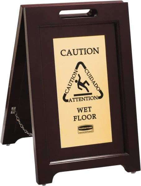 Rubbermaid - Attention/, Caution/, Cuidado/, Wet Floor, 15-1/8" Wide x 22" High, Wood Floor Sign - English/French/Spanish, A-Frame, Black on Gold, For Accident Prevention - Eagle Tool & Supply