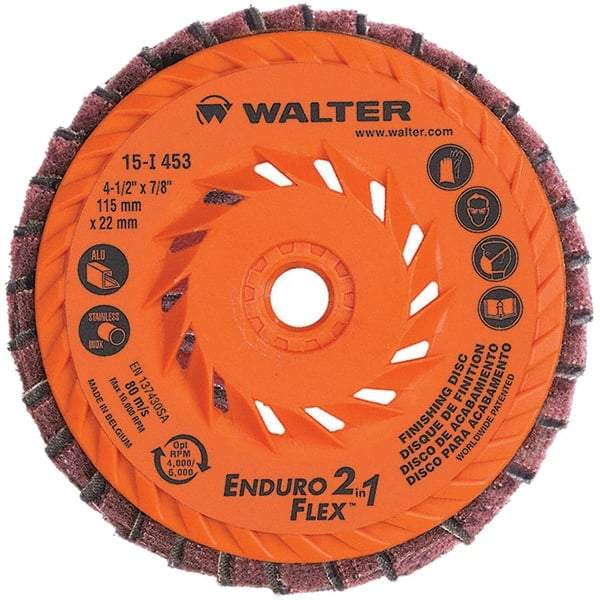 WALTER Surface Technologies - 4-1/2" Disc Diam, 5/8-11 Center Hole, Type 28 Ceramic Flap Disc - 13,300 Max RPM, Plastic Backing, Arbor Attaching System, Coated & Non-Woven Combo - Eagle Tool & Supply
