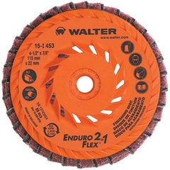 WALTER Surface Technologies - 4-1/2" Disc Diam, 5/8-11 Center Hole, Type 28 Ceramic Flap Disc - 13,300 Max RPM, Plastic Backing, Arbor Attaching System, Coated & Non-Woven Combo - Eagle Tool & Supply