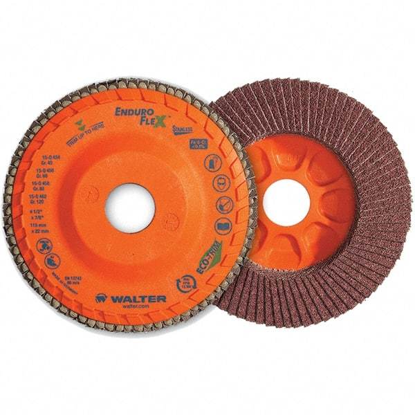 WALTER Surface Technologies - 60 Grit, 6" Disc Diam, 5/8-11 Center Hole, Type 28 Ceramic Flap Disc - 10,200 Max RPM, Plastic Backing, Arbor Attaching System, Coated - Eagle Tool & Supply
