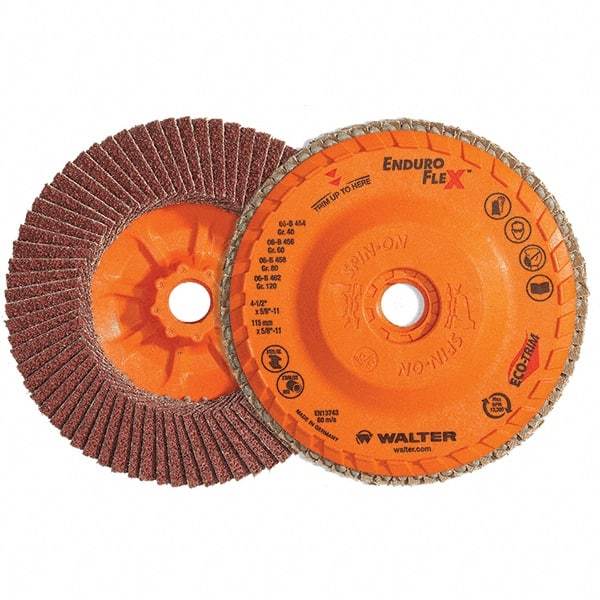 WALTER Surface Technologies - 120 Grit, 6" Disc Diam, 5/8-11 Center Hole, Type 28 Ceramic Flap Disc - 10,200 Max RPM, Plastic Backing, Arbor Attaching System, Coated - Eagle Tool & Supply