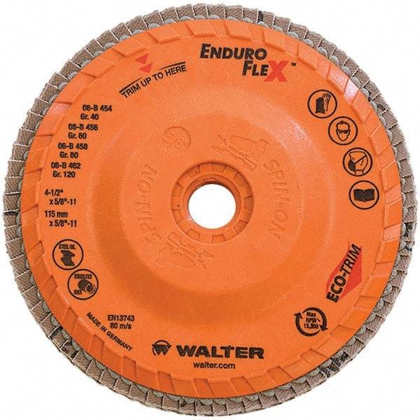 WALTER Surface Technologies - 80 Grit, 4-1/2" Disc Diam, 5/8-11 Center Hole, Type 28 Ceramic Flap Disc - 13,300 Max RPM, Plastic Backing, Arbor Attaching System, Coated - Eagle Tool & Supply