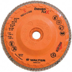 WALTER Surface Technologies - 80 Grit, 4-1/2" Disc Diam, 5/8-11 Center Hole, Type 28 Ceramic Flap Disc - 13,300 Max RPM, Plastic Backing, Arbor Attaching System, Coated - Eagle Tool & Supply