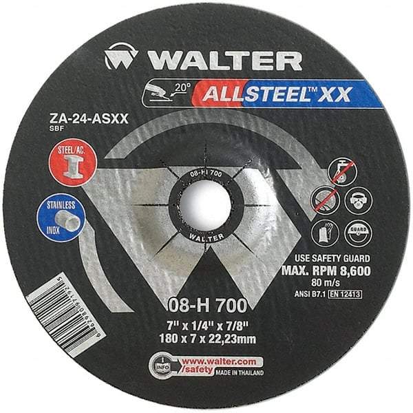 WALTER Surface Technologies - 24 Grit, 7" Wheel Diam, 1/4" Wheel Thickness, 7/8" Arbor Hole, Type 27 Depressed Center Wheel - Aluminum Oxide, Resinoid Bond, 8,600 Max RPM - Eagle Tool & Supply