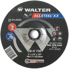 WALTER Surface Technologies - 24 Grit, 7" Wheel Diam, 1/4" Wheel Thickness, 7/8" Arbor Hole, Type 27 Depressed Center Wheel - Aluminum Oxide, Resinoid Bond, 8,600 Max RPM - Eagle Tool & Supply