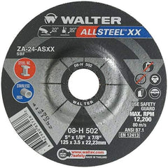 WALTER Surface Technologies - 24 Grit, 5" Wheel Diam, 1/8" Wheel Thickness, 7/8" Arbor Hole, Type 27 Depressed Center Wheel - Aluminum Oxide, Resinoid Bond, 12,200 Max RPM - Eagle Tool & Supply