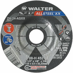 WALTER Surface Technologies - 24 Grit, 4-1/2" Wheel Diam, 1/8" Wheel Thickness, 7/8" Arbor Hole, Type 27 Depressed Center Wheel - Aluminum Oxide, Resinoid Bond, 13,300 Max RPM - Eagle Tool & Supply