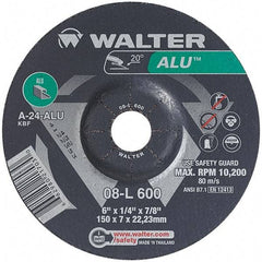 WALTER Surface Technologies - 24 Grit, 6" Wheel Diam, 1/4" Wheel Thickness, 7/8" Arbor Hole, Type 27 Depressed Center Wheel - Aluminum Oxide, Resinoid Bond, 10,200 Max RPM - Eagle Tool & Supply
