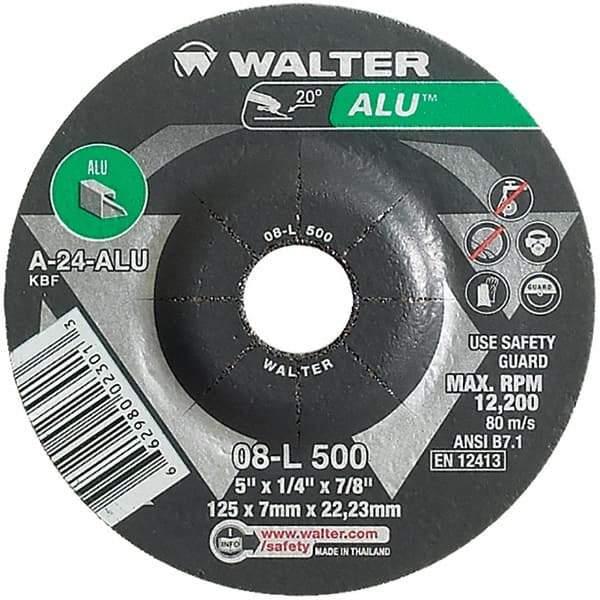 WALTER Surface Technologies - 24 Grit, 5" Wheel Diam, 1/4" Wheel Thickness, 7/8" Arbor Hole, Type 27 Depressed Center Wheel - Aluminum Oxide, Resinoid Bond, 12,200 Max RPM - Eagle Tool & Supply