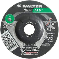 WALTER Surface Technologies - 24 Grit, 5" Wheel Diam, 1/4" Wheel Thickness, 7/8" Arbor Hole, Type 27 Depressed Center Wheel - Aluminum Oxide, Resinoid Bond, 12,200 Max RPM - Eagle Tool & Supply