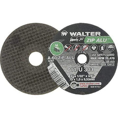 WALTER Surface Technologies - 3" 60 Grit Aluminum Oxide Cutoff Wheel - 1/32" Thick, 3/8" Arbor, 25,470 Max RPM, Use with Die Grinders - Eagle Tool & Supply