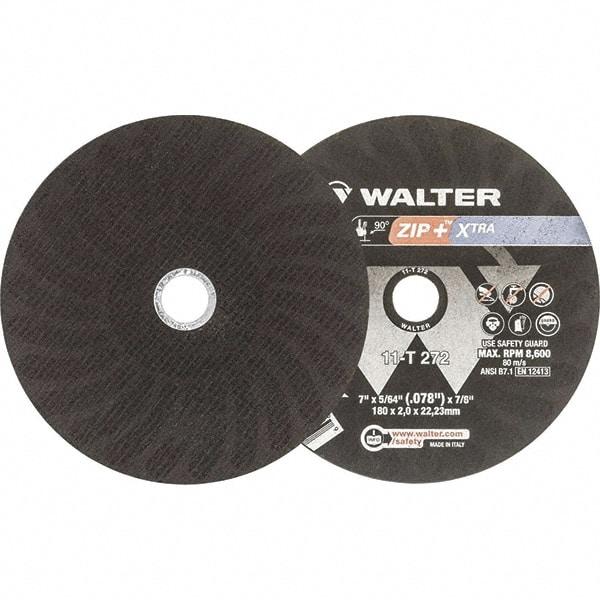 WALTER Surface Technologies - 7" 46 Grit Aluminum Oxide Cutoff Wheel - 5/64" Thick, 7/8" Arbor, 8,600 Max RPM, Use with Angle Grinders - Eagle Tool & Supply