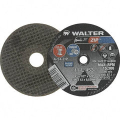 WALTER Surface Technologies - 4" 24 Grit Aluminum Oxide Cutoff Wheel - 1/2" Thick, 3/8" Arbor, 19,100 Max RPM, Use with Die Grinders - Eagle Tool & Supply