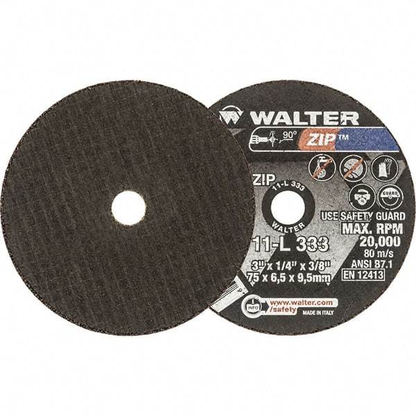 WALTER Surface Technologies - 3" 24 Grit Aluminum Oxide Cutoff Wheel - 1/4" Thick, 3/8" Arbor, 25,470 Max RPM, Use with Die Grinders - Eagle Tool & Supply